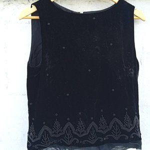 Laura Ashley Black Velvet Top with Beaded Embroidery, Sleeveless, US 8, Classy!